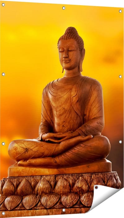 Gards Tuinposter Boeddha Standbeeld bij Zonsondergang - 80x120 cm - Tuindoek - Tuindecoratie - Wanddecoratie buiten - Tuinschilderij