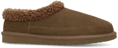 Manfield - Heren - Donkerbruine suède pantoffels met imitatie wol - Maat 41