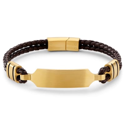 Nomen | Brown Leather and Gold-tone ID Plate Bracelet