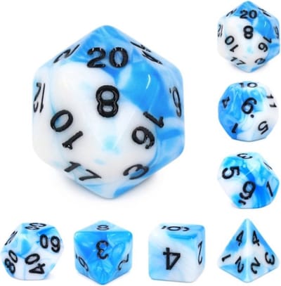 Polyset Dice | Dobbelstenen - Set Van 7 Stuks - Blauw Wit Marmer Parelmoer Zwart | Voor D&D en Andere Rollenspellen | Plastic Dobbelstenen Set voor Dungeons and Dragons | Polyhedral Dice Set | Met Mooie Zwarte Velvet Dice Bag voor Ongeveer 3 Sets