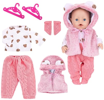 Dailygoods- Poppenkleding 4-delige Set - Roze Beer - Accessoires - Handwas - Zachte Cyclus - 1 Stuk - Poppenoutfit