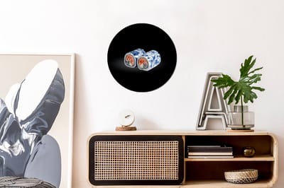 WallCircle - Wandcirkel - Muurcirkel - Sushi - Delfts blauw - Rijst - Vis - Elegant - Aluminium - Dibond - 30x30 cm - Binnen en Buiten