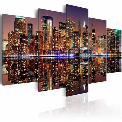 Schilderij - New York in spiegelbeeld , bruin , 5 luik