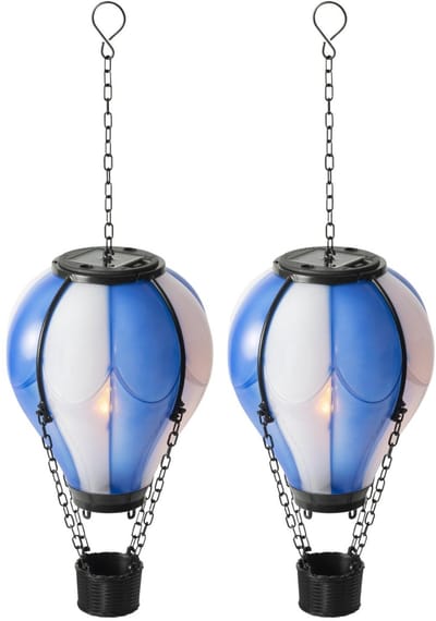 Lumineo solar luchtballon lantaarn - 2x - blauw - H25 x D14 cm - kunststof - vlam effect - tuinverlichting