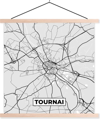 Posterhanger incl. Poster 40x40 cm - Schoolplaat - Zwart Wit – België – Plattegrond – Stadskaart – Kaart – Tournai - Textielposter - Blanke latten - Stadskaart
