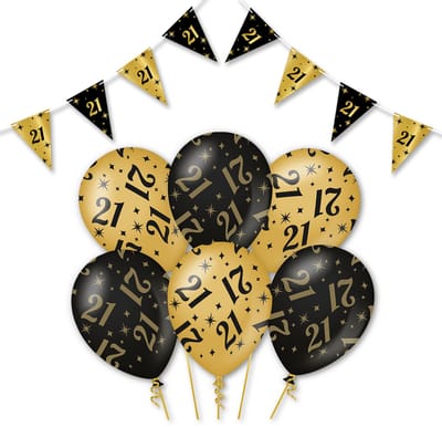 Q2P - 21 Jaar - Slingers - Ballonnen - Zwart & Goud Set - Verjaardag Versiering - Helium Ballon