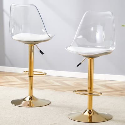 MODFU Barkruk set van 2, transparante kunststof rug, wit PU zitting, goudkleurig metalen onderstel