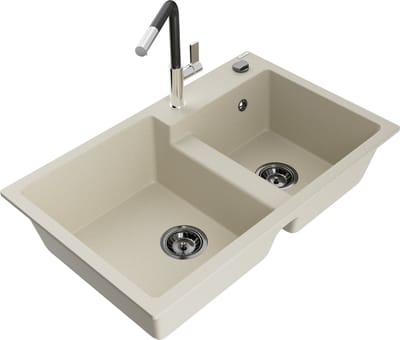 Mexen Tomas granieten spoelbak met 2 kamers en keukenmengkraan Flora, beige - 6516-69-670401-07-B