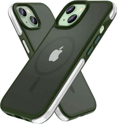 IYUPP Hoesje Geschikt voor iPhone 15 Hoesje - Geschikt voor MagSafe - Shockproof Back Cover - Groen Grijs Transparant