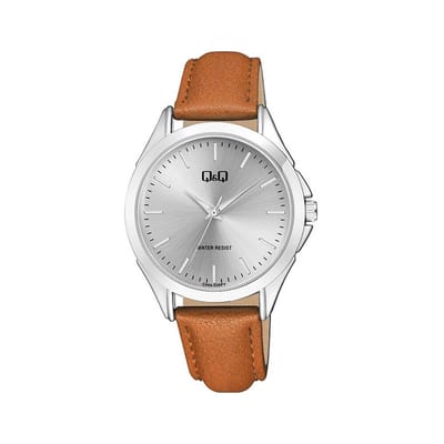 Q&Q C04A-026PY - Horloge - Unisex - Leren band - Rond - Metaal - Streepjes - Lichtbruin - Zilverkleurig