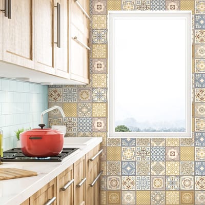 Zelfklevende tegelmuurstickers voor keuken en badkamer - 24 cementtegelstickers, Azulejos Bonni-stijl - 24 stickers, 15x15 cm