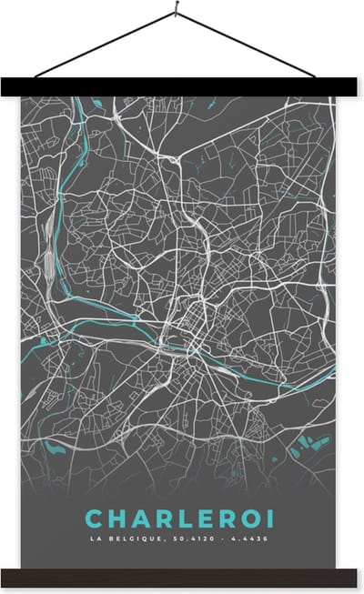 Posterhanger incl. Poster 40x60 cm - Schoolplaat - Stadskaart – Grijs - Kaart – Charleroi – België – Plattegrond - Textielposter - Zwarte latten - Stadskaart