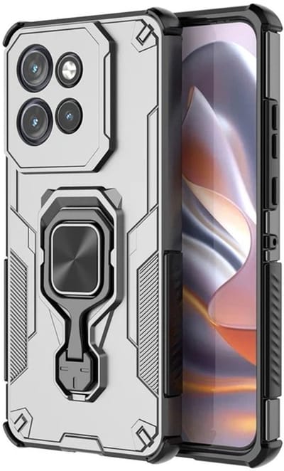 MobyDefend Hoesje - Geschikt voor Motorola Edge 50 Neo / Motorola Edge 60 Neo - Dubbelgelaagde Pantsercase Met Standaard - Zilvergrijs