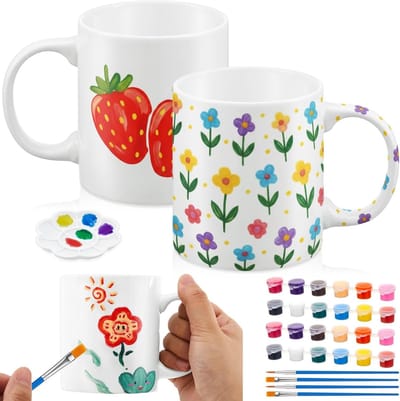 Creatieve Set voor het Schilderen van Mokken - 2 Lege Keramische Bekers met 12 Kleuren en Penselen voor Volwassenen en Beginners, Perfect voor DIY Projecten en Cadeaus