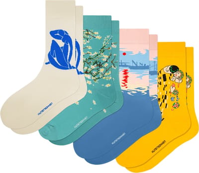 Kunst sokken - Lentekleuren 4-pack: Matisse, van Gogh, Klimt, Monet - Sokken Dames 36 40 - Biologisch Katoenen Sokken - funny socks happy - Vrolijke Sokken - Grappige Sokken - Sokken Cadeau