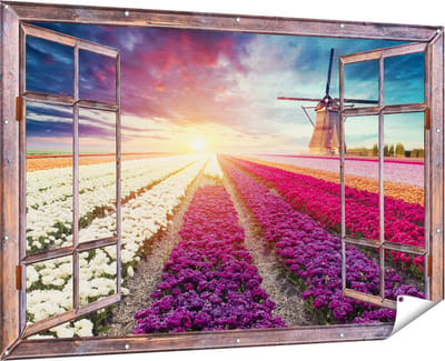 Gards Tuinposter Doorkijk Kleurrijke Tulpen Bloemenveld - Windmolen - 180x120 cm - Tuindoek - Tuindecoratie - Wanddecoratie buiten - Tuinschilderij