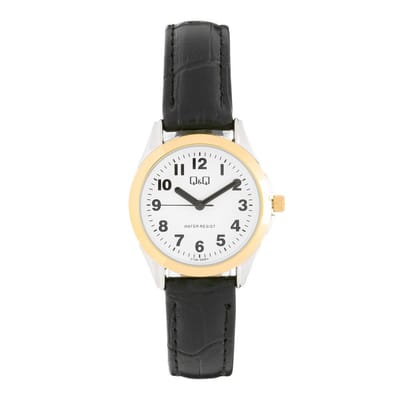 Q&Q C13A-500PY - Horloge - Analoog - Vrouwen - Dames - Leren band - Rond - Staal - Zwart - Zilverkleurig - Goudkleurig