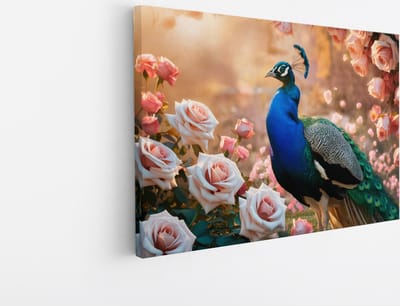 Saammp Canvas Schilderij - Pauw bij roze Rozen - Dieren - Bloemen - 45x30 - Foto op canvas - Wanddecoratie - muurdecoratie Woonkamer - Slaapkamer decoratie - Canvas Print