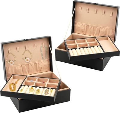 Afsluitbare sieradendoosjes met 2 lagen en afneembaar dienblad, sieradenorganizer voor kettingen, oorbellen, ringen en armbanden (donkergrijs)