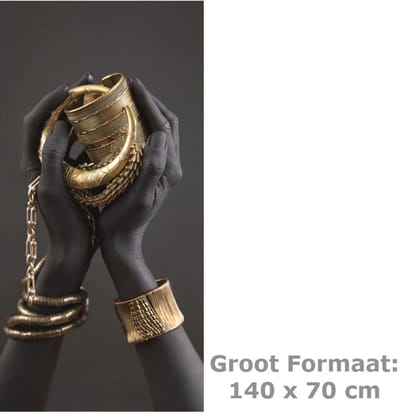 Allernieuwste.nl® Canvas Schilderij Afrikaanse Vrouwenhand met Gouden Sieraden - Kleur Goud-Zwart - XL 70 x 140 cm