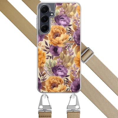 Hoesje met koord - Geschikt voor Samsung Galaxy A54 - Floral mix - Verstelbaar zwart koord - Crossbody - Bloemen - Oranje, Paars - Leuke Telefoonhoesjes