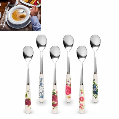 6 stuks koffielepels - Bloemenprint - Lepel voor warme dranken - Lepel van roestvrij staal met keramisch handvat - 15,49 cm × 2,51*1 cm - Geschikt voor dagelijkse warme dranken - Wit (bloemenmotief).