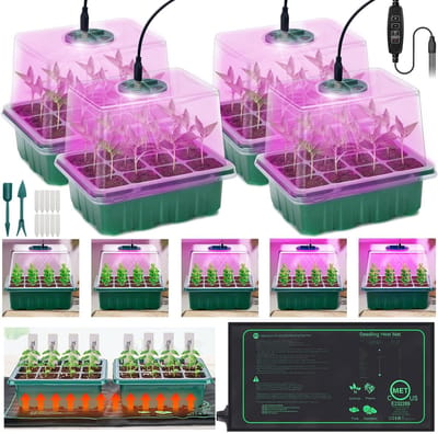 MUPOO IP67 Kweekbak met Verlichting en Warmtemat - Professionele Kweekset met 3 Lichtmodi & 4 Timers -Herbruikbaar -Full Spectrum LED - Instelbare Luchtvochtigheid -Seed Starter Kit voor Groenten en Bloemen -4 pack