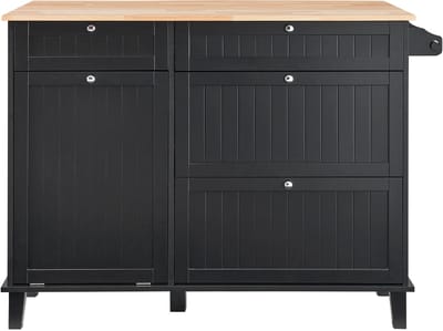Keukeneilandwagen - Keukentrolley - 128 cm - Houten blad - Ontbijtbar met uitklapbaar blad - Uitklapbare afvalkast (38 l) - Handdoekenrek & lade - Landelijk design - Zwart