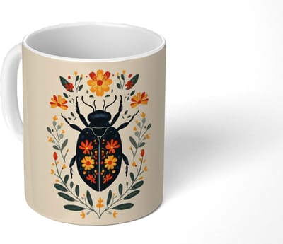 Mok - Koffiemok - Bloemen - Oranje - Planten - Sierlijk - Mokken - 350 ML - Beker - Koffiemokken - Theemok