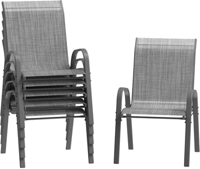 Tuinstoelen Fioren voor Buiten - Tuinstoelen met Teslin-stof Flex Comfort Materiaal en Staal-Ijzeren Frame, Hoge Rugleuning - Grijs - 6 stuks