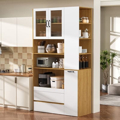 REDOM - Hoge kast met verstelbare planken en lades - Uitneembare legplank en geribbelde glazen deuren - Moderne stijl - Woonkamer - MDF - Wit+Naturel - 100 x 40 x 200 cm