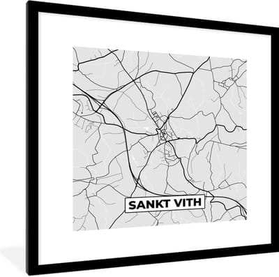 Fotolijst incl. Poster Zwart Wit- Kaart – Plattegrond – Stadskaart – Sankt Vith – België – Zwart Wit - 40x40 cm - Posterlijst