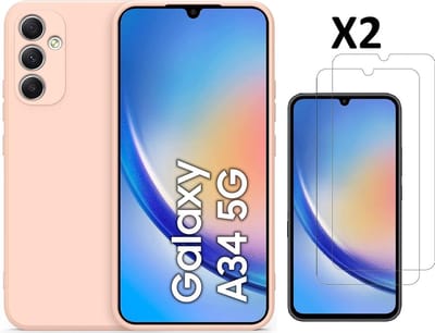 Hoesje Geschikt Voor Samsung Galaxy A34 Hoesje siliconen Pink Sand zacht siliconen hoesje TPU backcover - Met Screenprotector - 2 stuks