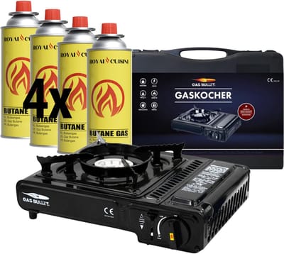 BlockTravel camping gasstel - Gasstelletje noodpakket - Gasbrander - Camping gas kooktoestel - Gas Stove - Gaspit - Gasfornuis - Gasstel - Cooker - Kamperen - incl. 4 Butaan Gasbussen en draagkoffer