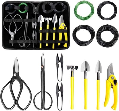 Bonsai Gereedschap - 13 Stuks - PU-Lederen Tas - Met Draad - 13-delige Bonsai Verzorgingsset met Tuinscharen, Bonsai Scharen, Bonsai Draad, Mini Hark en Schepje - Bonsai Startersgereedschapset voor Bonsai Beginners.