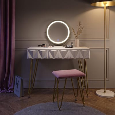 Stijlvolle Make-up Tafelset met Spiegel en LED Verlichting en Bijpassende Kruk