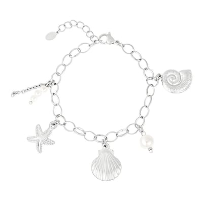 Ocean Spirit | Zilverkleurige Schakelarmband Dames – Schelp, Zeester, Parel Bedelarmband – Stainless Steel – Waterproof