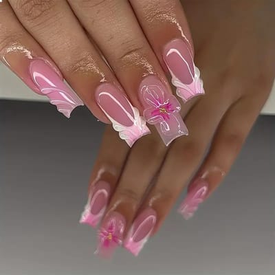 Dailygoods- Press on Nagels 24 Stuks - Roze Kunstnagels - Medium Vierkant - 3D Franse Nagelkunst - Volledige Bedekking - Acrylnagels