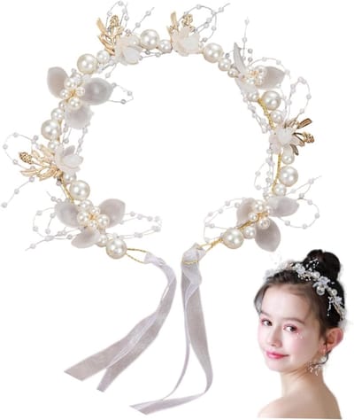 Bloemenkroon met parels - Bloemen hoofdband - Feestelijke aankleding - Verstelbare lintpasvorm - 38 cm lengte - Wit