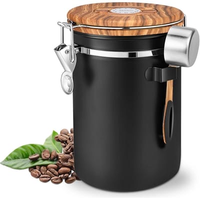 GELLDG Koffiebonencontainer - 304 roestvrij staal - Met gasafvoerklep - Herbruikbaar - Inclusief maatlepel - Multifunctionele, luchtdichte koffiepot - Geschikt voor thuis en op kantoor - Zwart - 1800 ml
