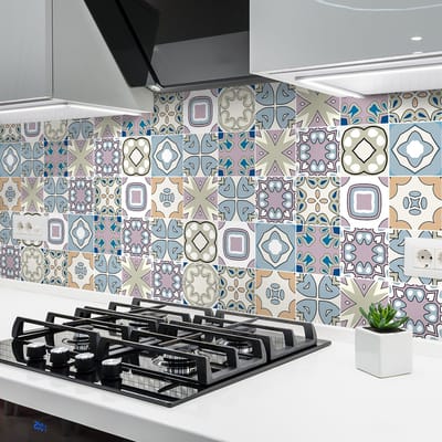 Zelfklevende tegelmuurstickers voor keuken en badkamer - 24 cementtegelstickers, Azulejos Mona - 24 stickers, 10x10cm