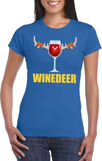 Bellatio Decorations Foute Kerst t-shirts - Wijntje - Winedeer - blauw - voor dames - Kerstkleding truien S