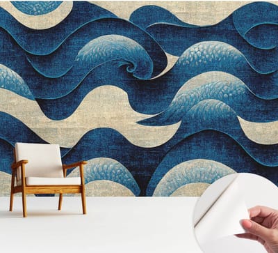 Wallfluent Zelfklevend Behang - Blauwe golven Stickerbehang op rol - 312x250 cm - Marine Zelfklevend Behang - Herpositioneerbaar - Voor de woonkamer, slaapkamer en kantoor Zelfklevend Behang