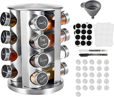 Rotatable Stainless Steel Spice Holder with 16 Glasses - Camping Spices Grill Kitchen - Easy to Clean Space Saving Rotary Organiser - Cooking Accessories