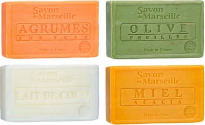 Set Marseille zeep 4 x 100 gram in geuren citrus-olijf-kokos-honing - Franse handzeep - Marseillezeep