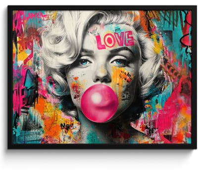 Poster in lijst - Fotolijst 80x60 cm - Posters - Vrouw - Kauwgom - Graffiti - Neonkleuren - Posterlijst zwart - Decoratie - Wanddecoratie woonkamer - Muurdecoratie slaapkamer