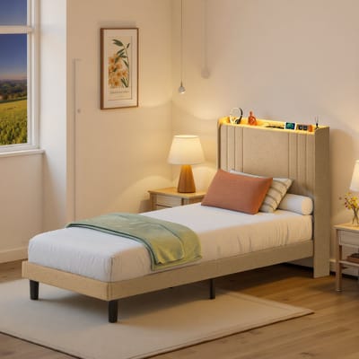 Bealife BF28 Bed - 90 x 200 cm - LED-verlichting - Opbergbaar hoofdeinde en lattenbodem - Beige