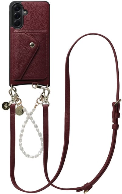 AVY Leren Hoesje geschikt voor Samsung Galaxy A56 | Met Koord en Magnetische Kaarthouder | Compatibel met MagSafe | Leather Case met 30CM & 130CM Koord & Wallet | Leather and Pearls | Burgundy
