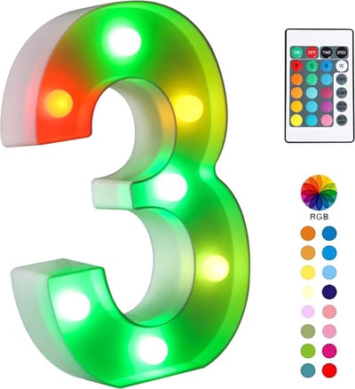 Lichtgevend Cijfer 3 - 22 cm - RGB Met Afstandsbediening