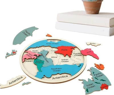 Wereldkaart Puzzel - Houten Legpuzzel - Geografie Leren - Natuurlijk Hout - 31 x 31 cm - Multicolor